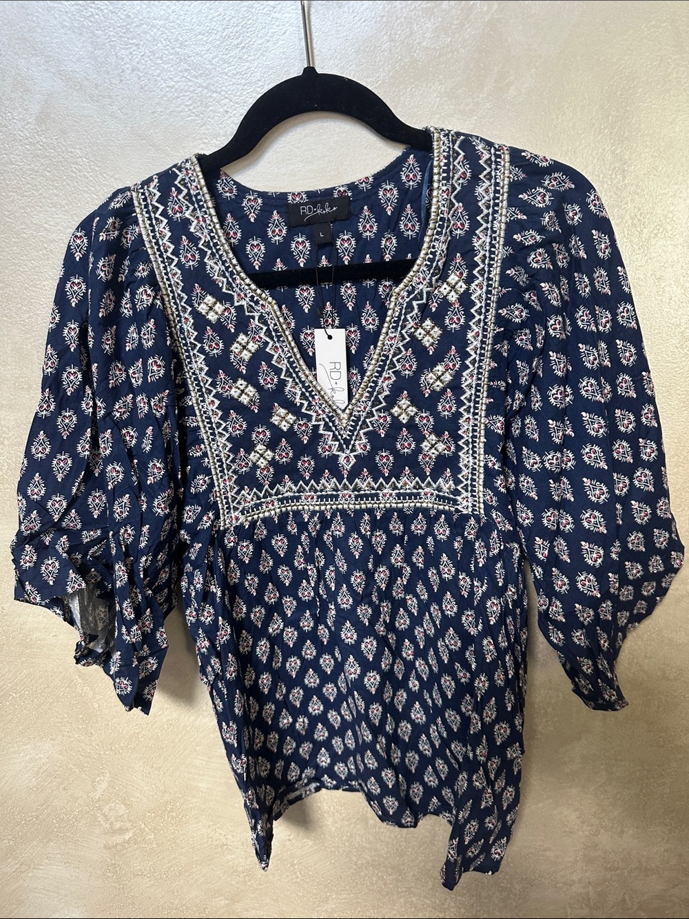 RD + koko Navy Floral Embroidered V-Neck Peasant Blouse sz large NWT
